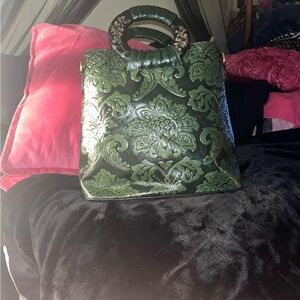 Elegant Green Floral Embossed Handbag